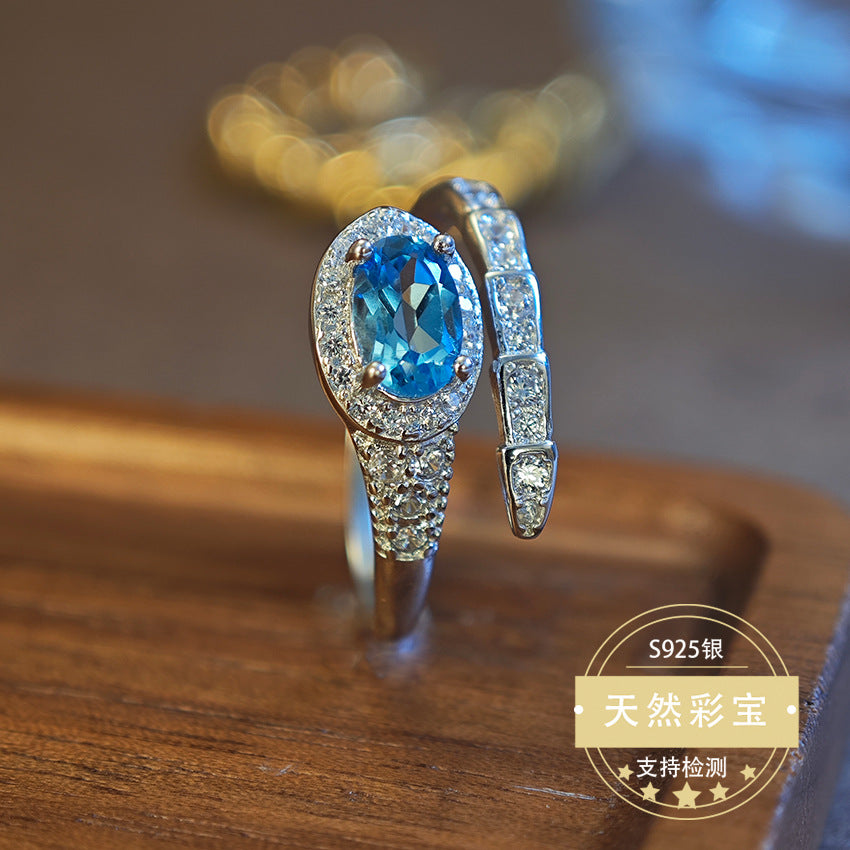 S925 Sterling Silver Jewelry Ring Natural Blue Topaz Gemstone Snake Style Simple Luxury Rings