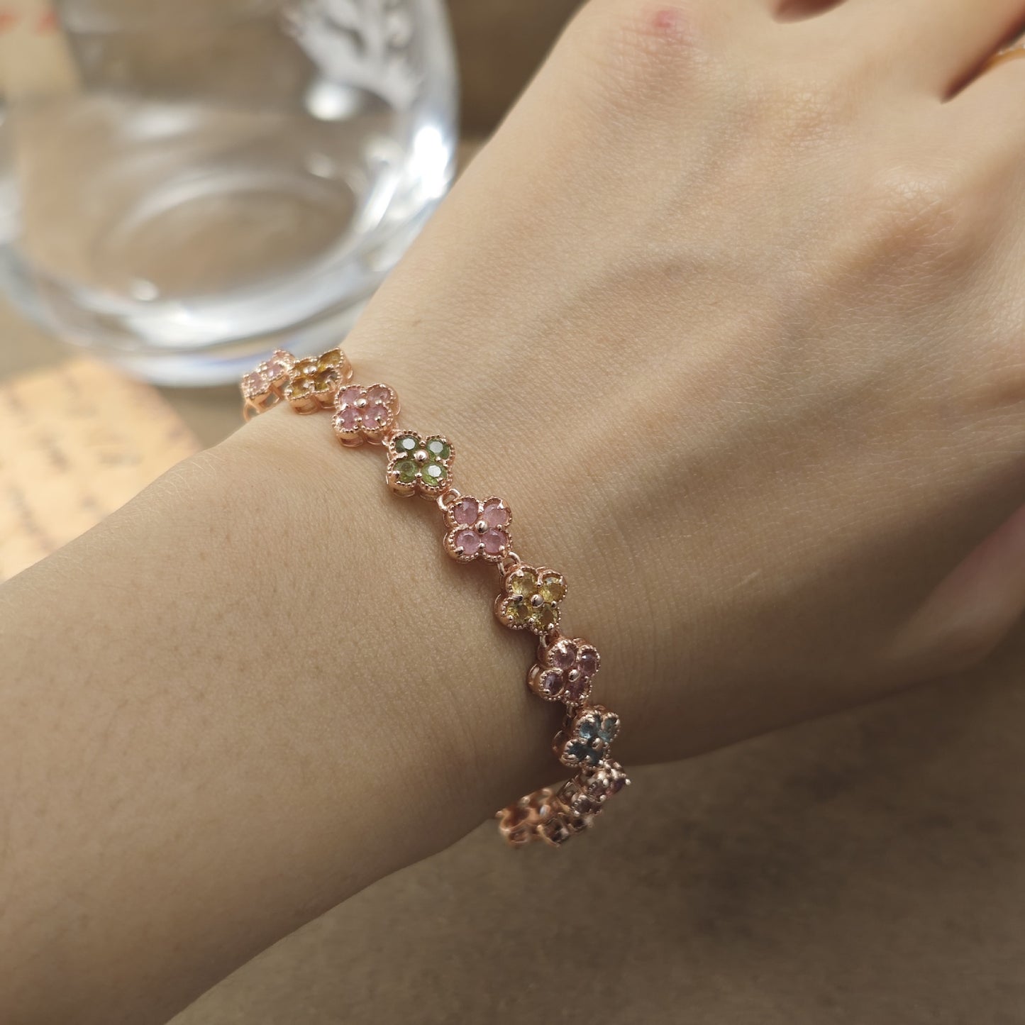 Natural Tourmaline Gemstone Fine Jewelry 925 Sterling Silver Luxury Clover Style Chain Bracelet