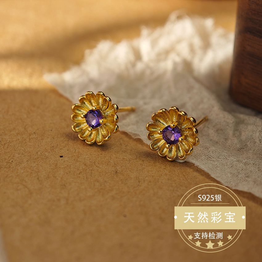 Natural Emerald Gemstone Fine Jewelry 925 Sterling Silver Sunflower Style Light Luxury Earrings