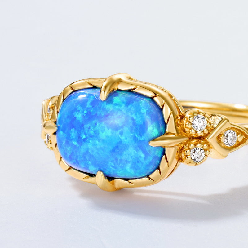 S925 Sterling Silver Jewelry Gold Plating Blue Opal Gemstone Vintage Style Rings