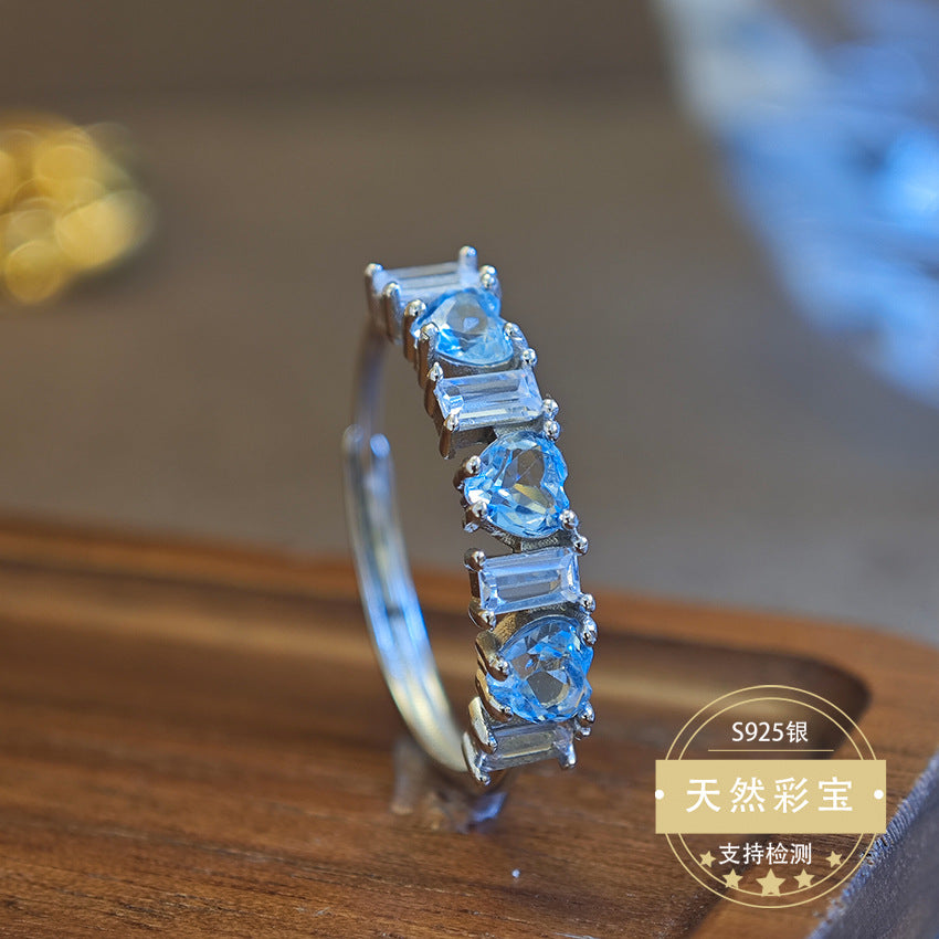 Natural Topaz Gemstone Fine Jewelry 925 Sterling Silver Heart Style Light Luxury Rings