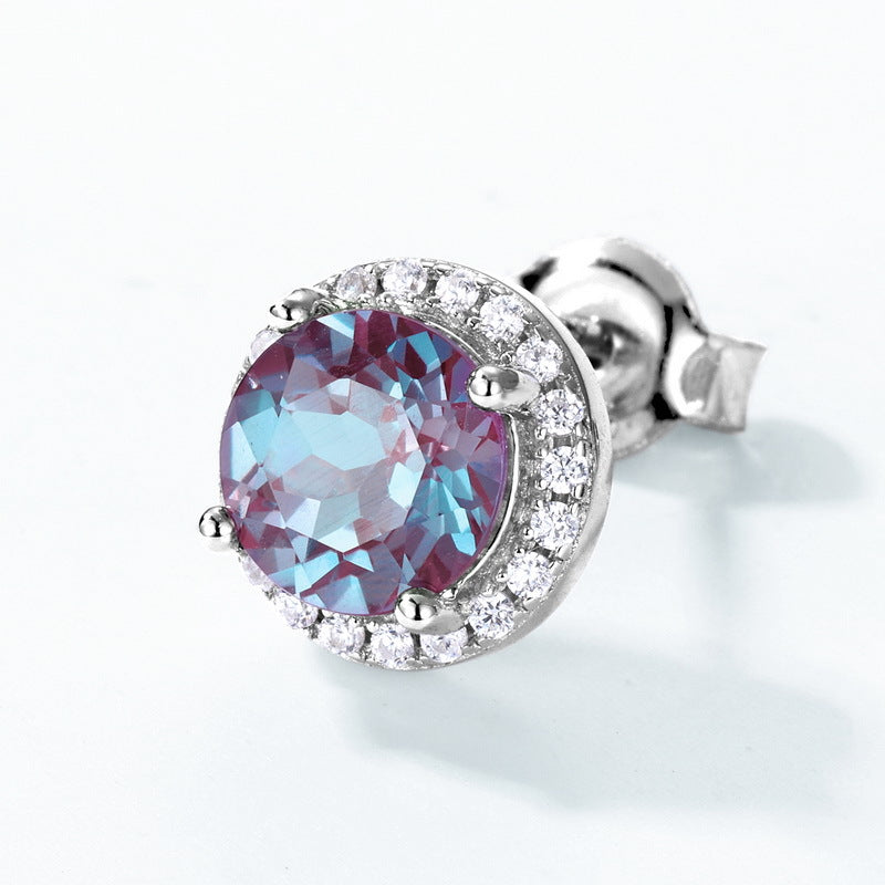 S925 Sterling Silver Jewelry Earrings Alexandrite Gemstone Round Style Stud Earrings