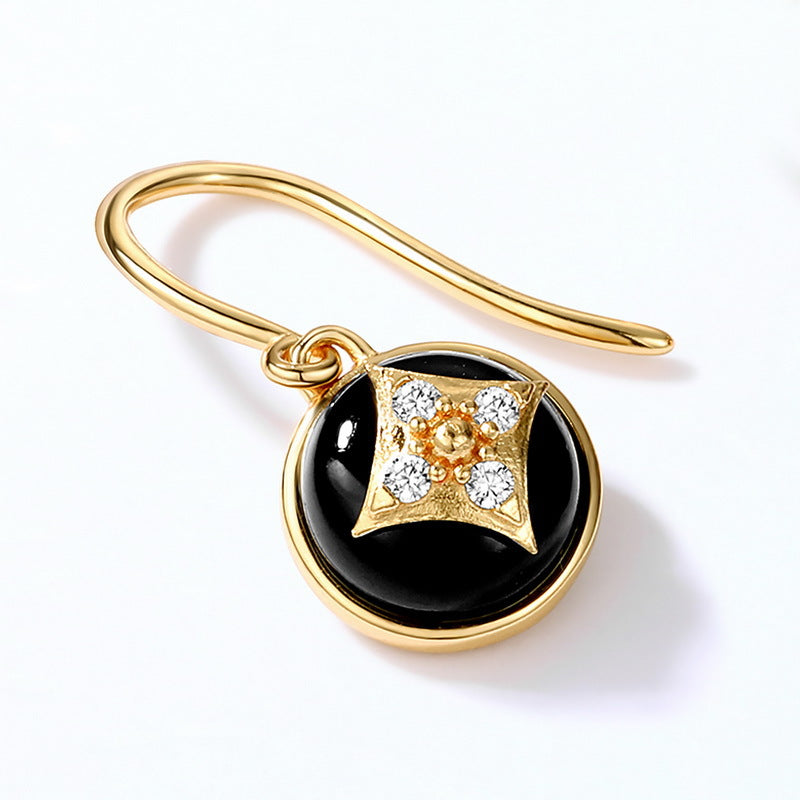 S925 Sterling Silver Jewelry Earrings Natural Black Onyx Gemstone Geometric Style Earrings