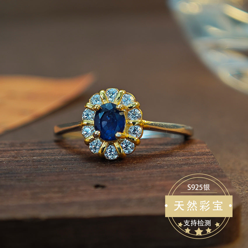 S925 Sterling Silver Fine Jewelry Natural Sapphire Gemstone Floral Style Luxury Rings