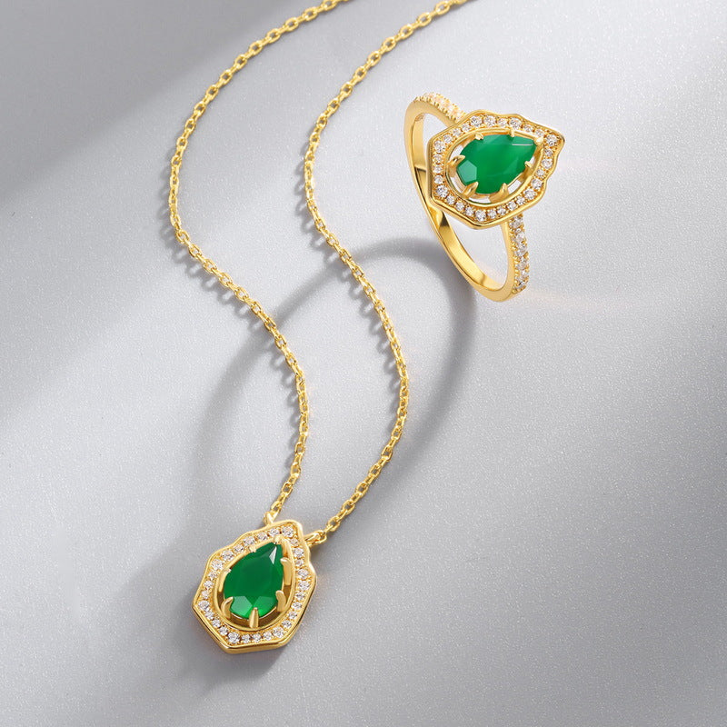 S925 Sterling Silver Jewelry Necklace Natural Green Agate Gemstone Palace Style Charms Necklace