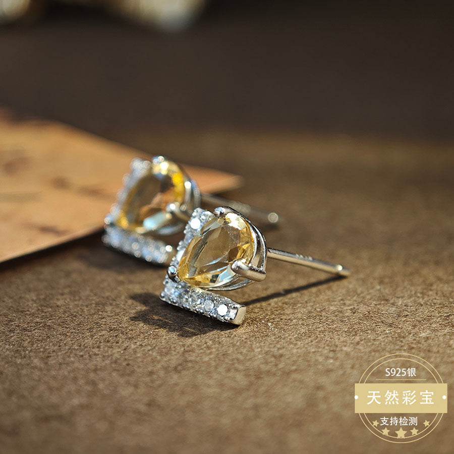 S925 Sterling Silver Jewelry Earrings Natural Citrine Gemstone Unique Design Stud Earrings