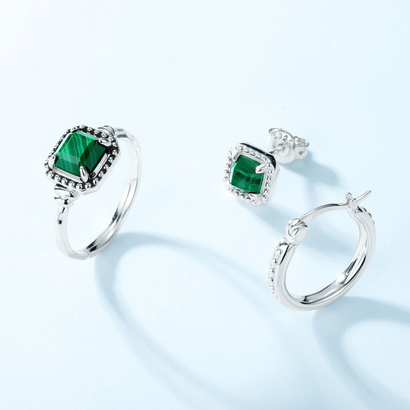 S925 Sterling Silver Jewelry Earrings Natural Malachite Gemstone Asymmetric Earrings