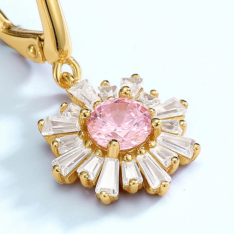S925 Sterling Silver Jewelry Earrings Pink Zircon Gemstone Sunflower Style Fashion Earrings