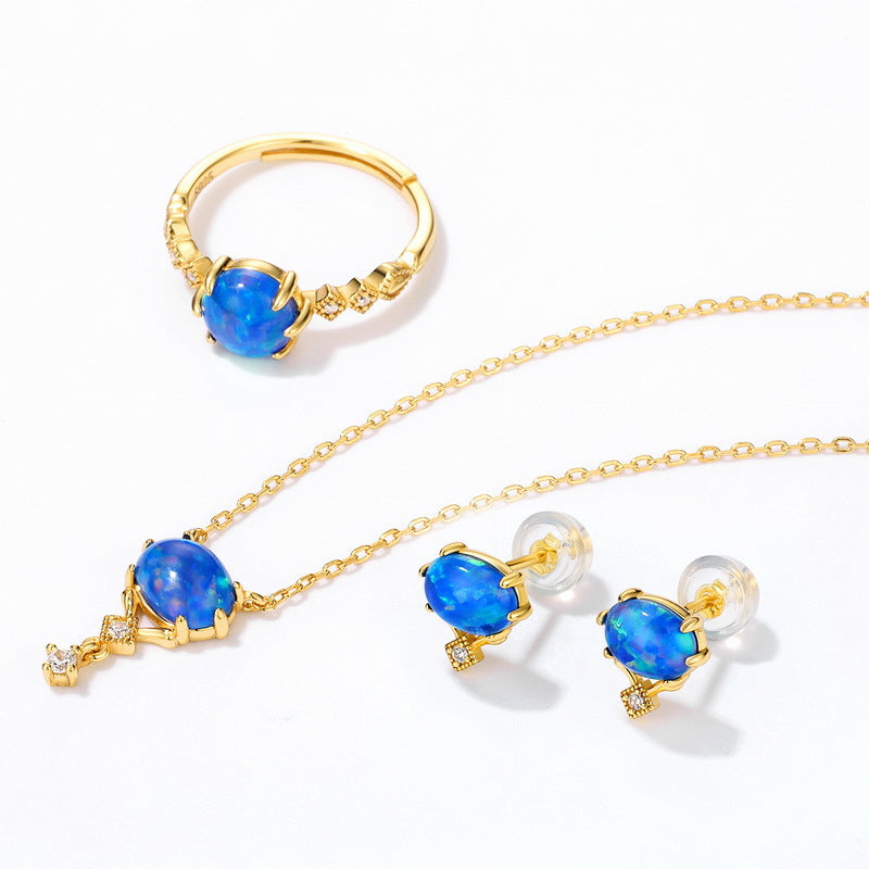 S925 Sterling Silver Jewelry Blue Opal Gemstone Vintage Style Simple Luxury Earrings