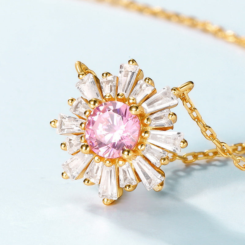 S925 Sterling Silver Jewelry Necklace Pink Zircon Gemstone Sunflower Style Charms Necklace