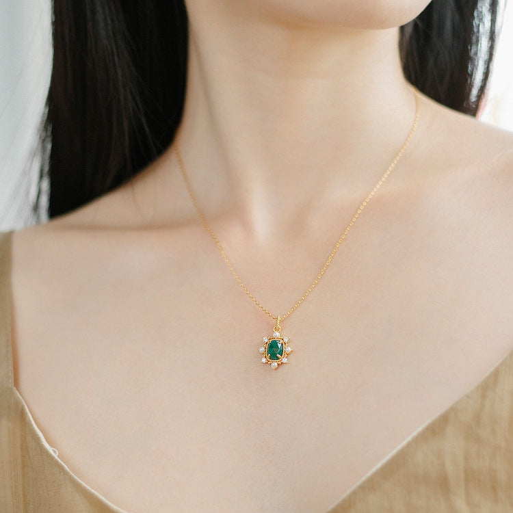 S925 Sterling Silver Jewelry Pendant Natural Green Agate Gemstone Palace Style Necklace Charms