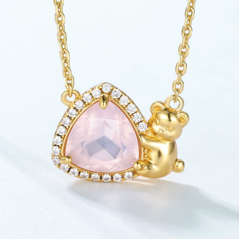 S925 Sterling Silver Jewelry Necklaces Natural Rose Quartz Little Bear Triangle Style Necklace