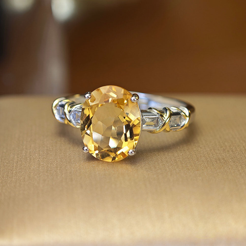 S925 Sterling Silver Jewelry Ring Natural Citrine Gemstone Oval Style Simple Luxury Rings