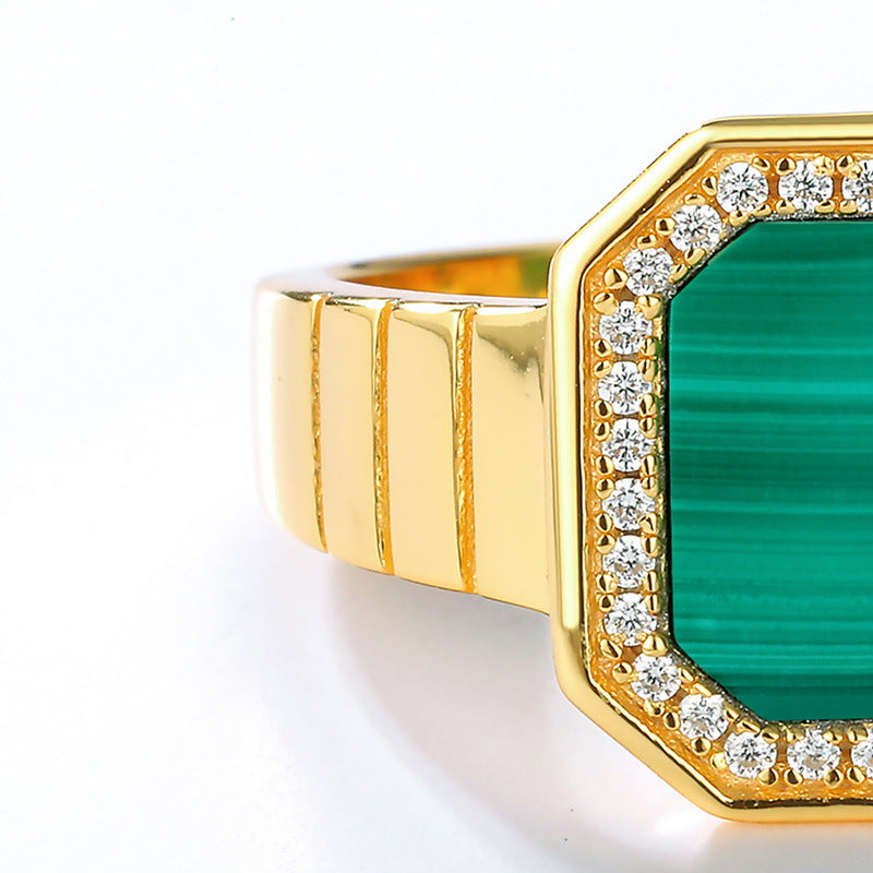 S925 Sterling Silver Jewelry Ring Natural Malachite Gemstone Geometric Simple Luxury Rings