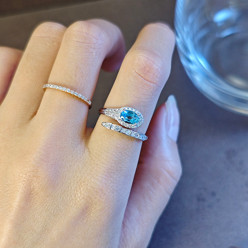 S925 Sterling Silver Jewelry Ring Natural Blue Topaz Gemstone Snake Style Simple Luxury Rings