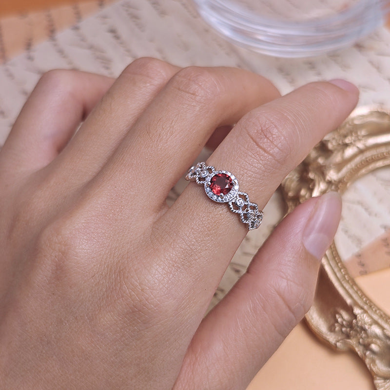 S925 Sterling Silver Jewelry Ring Natural Garnet Gemstone Lace Style Simple Luxury Rings