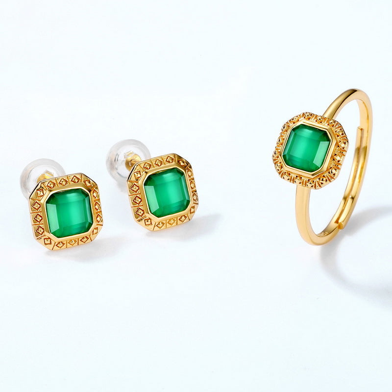 S925 Sterling Silver Jewelry Ring Natural Green Agate Gemstone Vintage Palace Style Rings