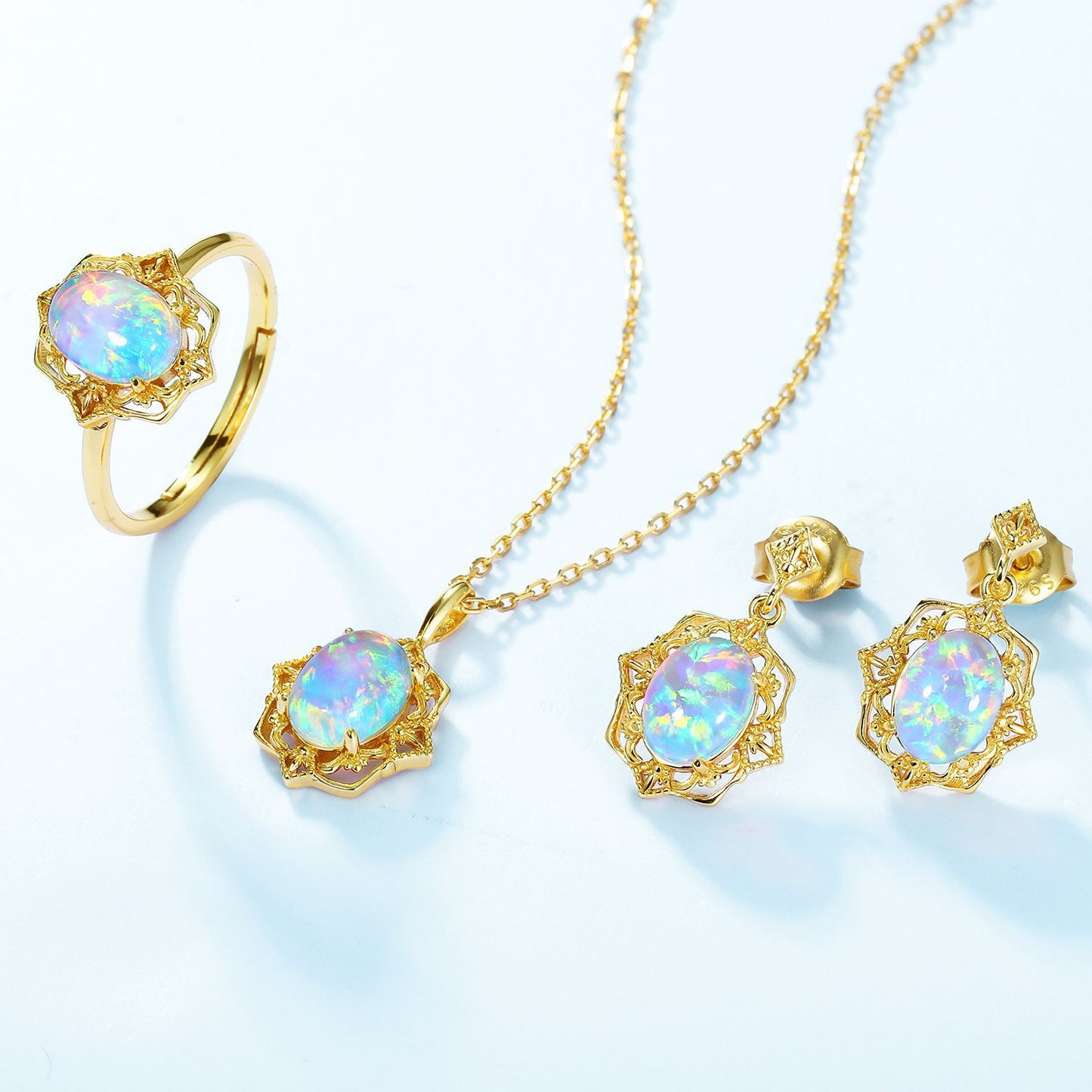 S925 Sterling Silver Jewelry Ring Opal Gemstone Gold Plating Vintage Palace Style Rings