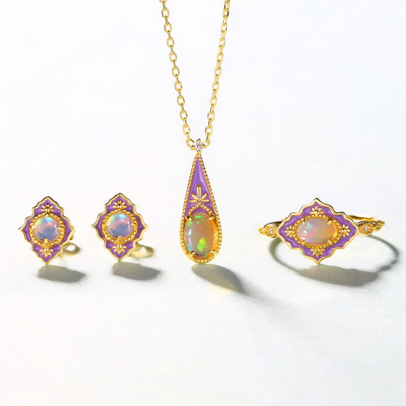 S925 Sterling Silver Jewelry Natural Opal Gemstone Enamel Craft Vintage Style Necklace Charms