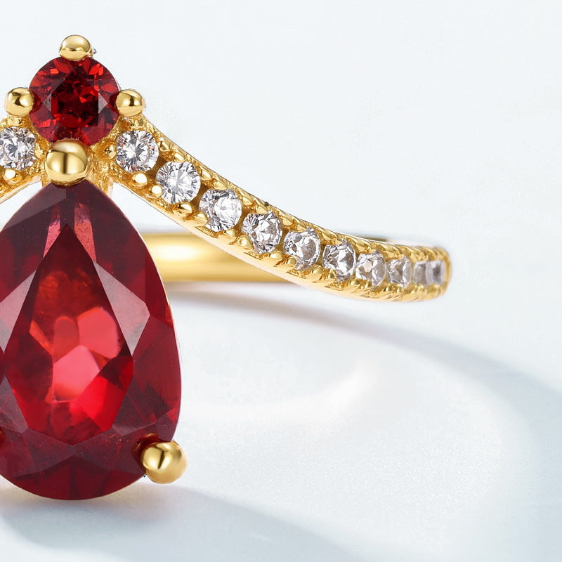 S925 Sterling Silver Jewelry Ring Natural Garnet Gemstone Water Drop Crown Style Rings