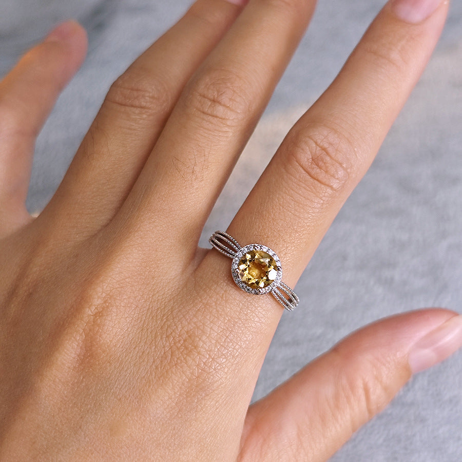 S925 Sterling Silver Jewelry Ring Natural Citrine Gemstone Round Style Simple Luxury Rings