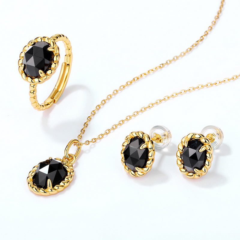 S925 Sterling Silver Jewelry Pendants Natural Black Onyx Gemstone Gold Plating Necklace Charms