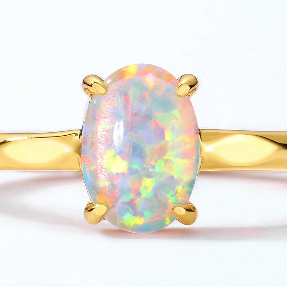 S925 Sterling Silver Jewelry Rings Gold Plating Opal Gemstone Oval Style Rings