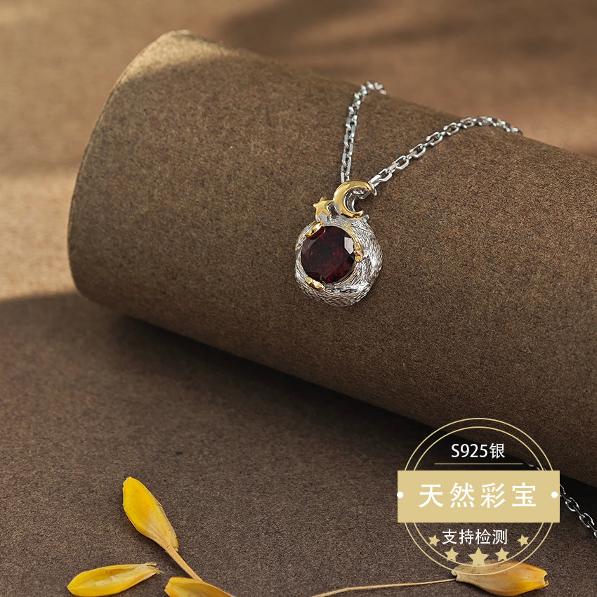 S925 Sterling Silver Jewelry Necklace Natural Garnet Gemstone Unique Design Charms Necklace