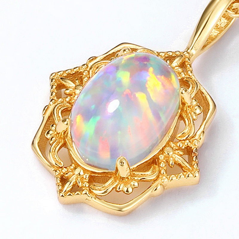 S925 Sterling Silver Jewelry Opal Gemstone Gold Plating Vintage Style Necklace Pendant