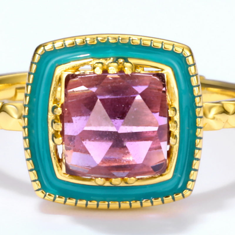 S925 Sterling Silver Jewelry Ring Natural Amethyst Gemstone Enamel Square Style Rings