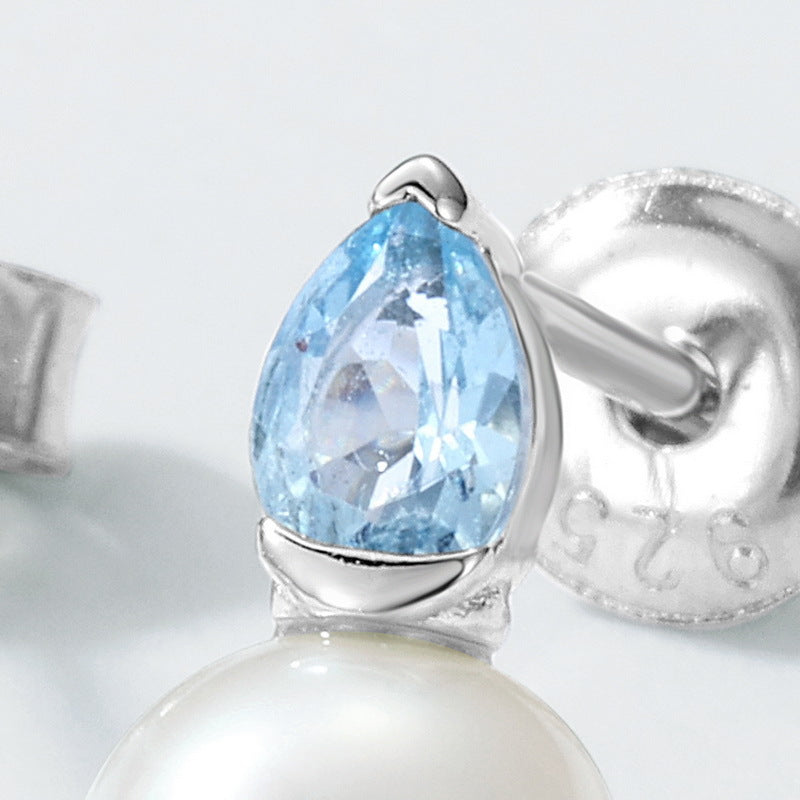 S925 Sterling Silver Jewelry Earrings Natural Freshwater Pearl Aquamarine Gemstone Earrings