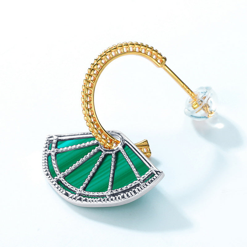 S925 Sterling Silver Jewelry Earrings Natural Malachite Gemstone Sector Style Detachable Earrings