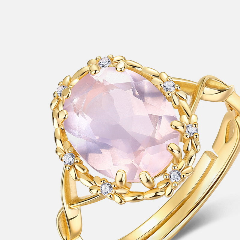 S925 Sterling Silver Jewelry Ring Gold Plating Natural Rose Quartz Gemstone Rings