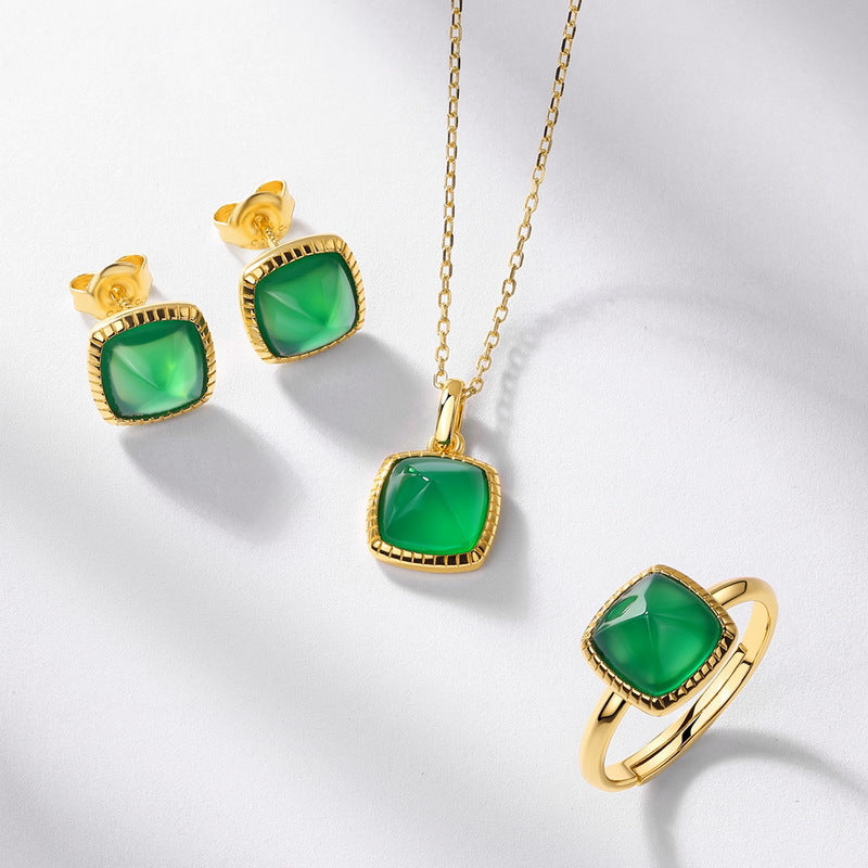 S925 Sterling Silver Jewelry Earrings Natural Green Agate Gemstone Square Style Stud Earrings