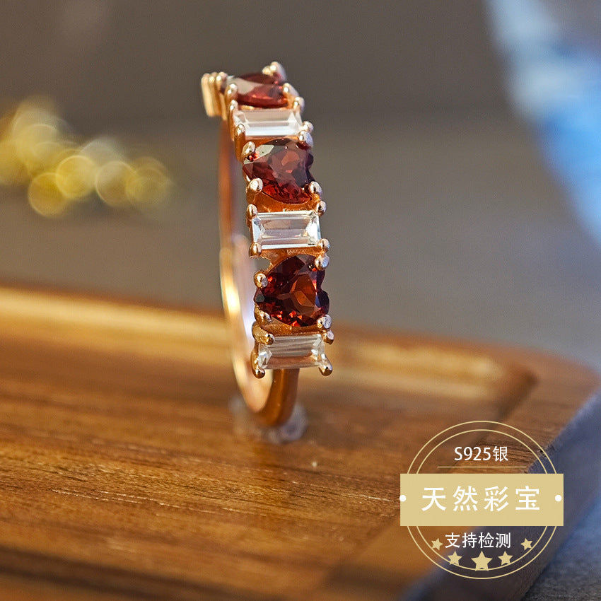 Natural Garnet Gemstone Fine Jewelry 925 Sterling Silver Heart Style Light Luxury Rings