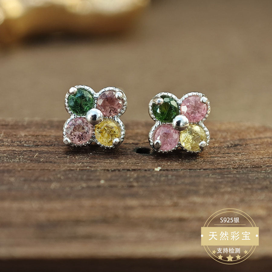 S925 Sterling Silver Jewelry Earrings Natural Tourmaline Gemstone Clover Style Stud Earrings