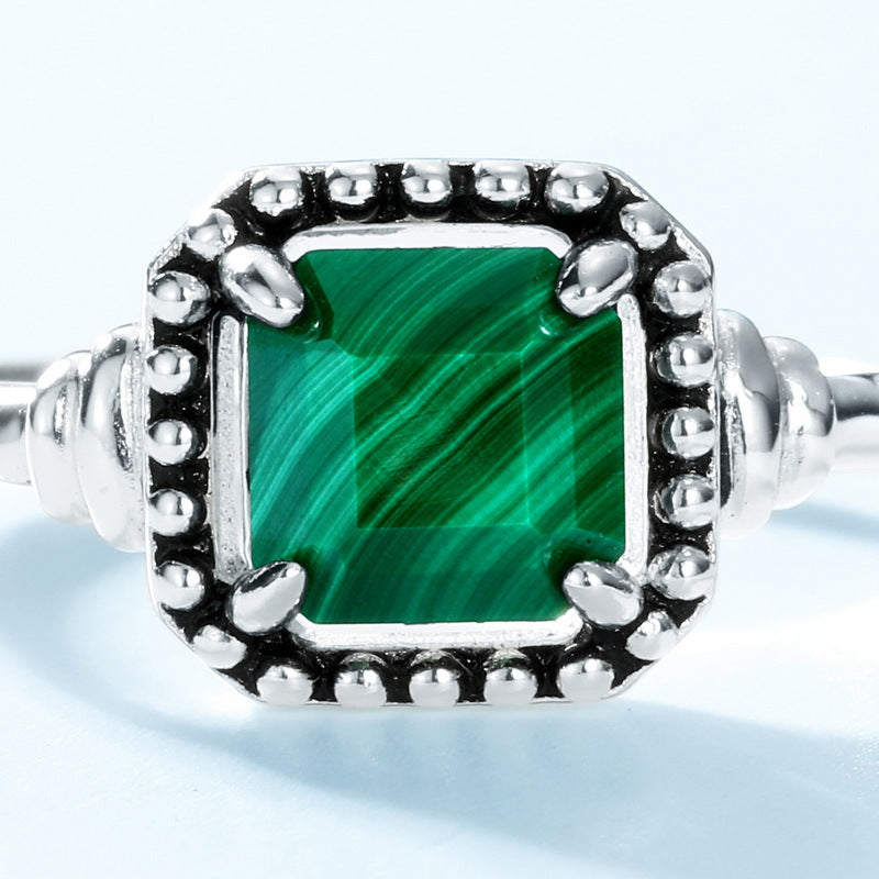 S925 Sterling Silver Jewelry Ring Natural Malachite Gemstone Vintage Style Rings