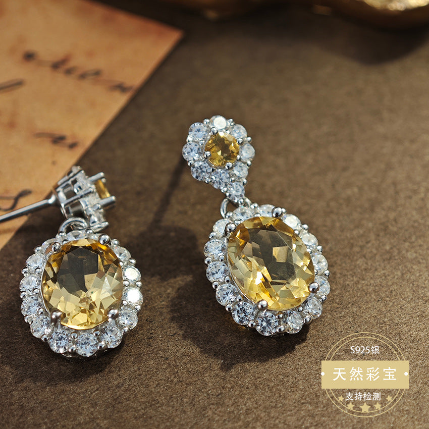 925 Sterling Silver Fine Jewelry Natural Citrine Gemstone Light Luxury Drop Earrings
