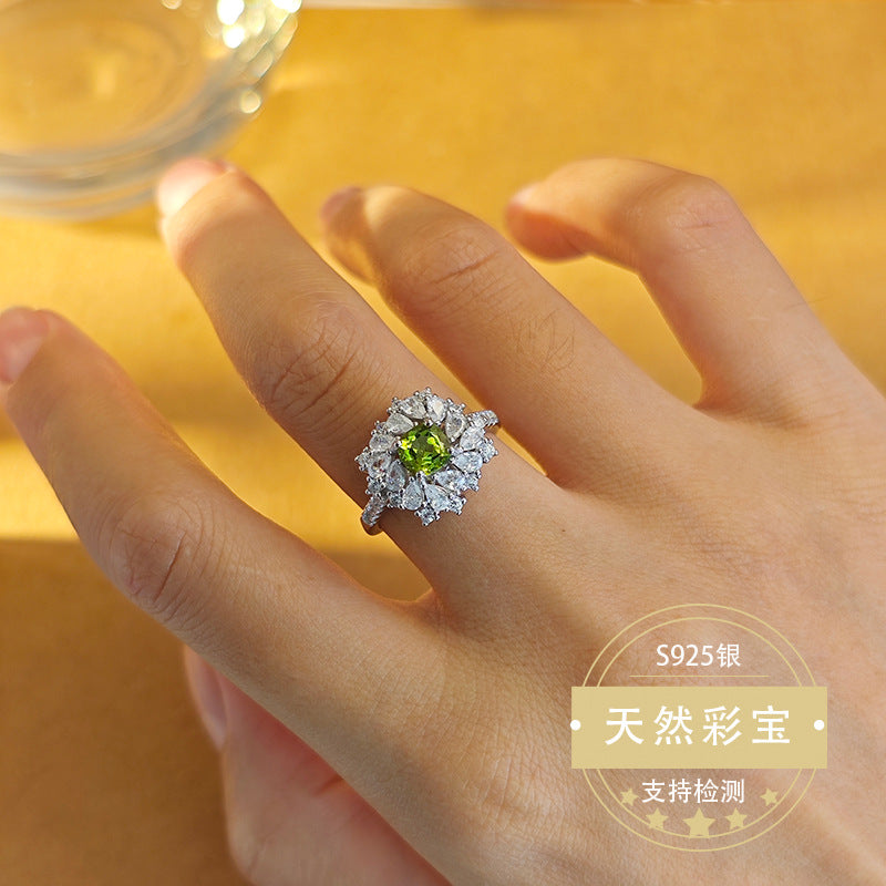 S925 Sterling Silver Fine Jewelry Natural Peridot Gemstone Floral Style Luxury Rings