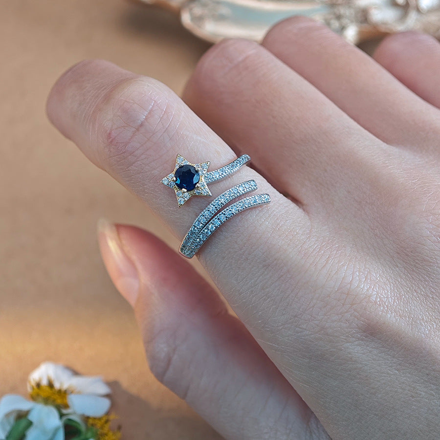 S925 Sterling Silver Jewelry Ring Natural Sapphire Gemstone Star Style Simple Luxury Rings