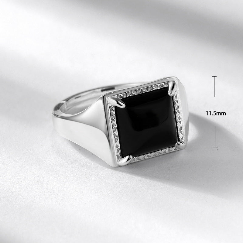 S925 Sterling Silver Jewelry Ring Natural Black Onyx Gemstone Vintage Square Style Rings