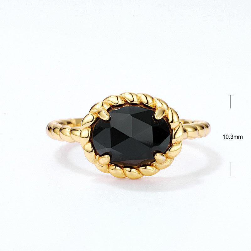 S925 Sterling Silver Jewelry Ring Natural Black Onyx Gemstone Gold Plating Simple Luxury Ring