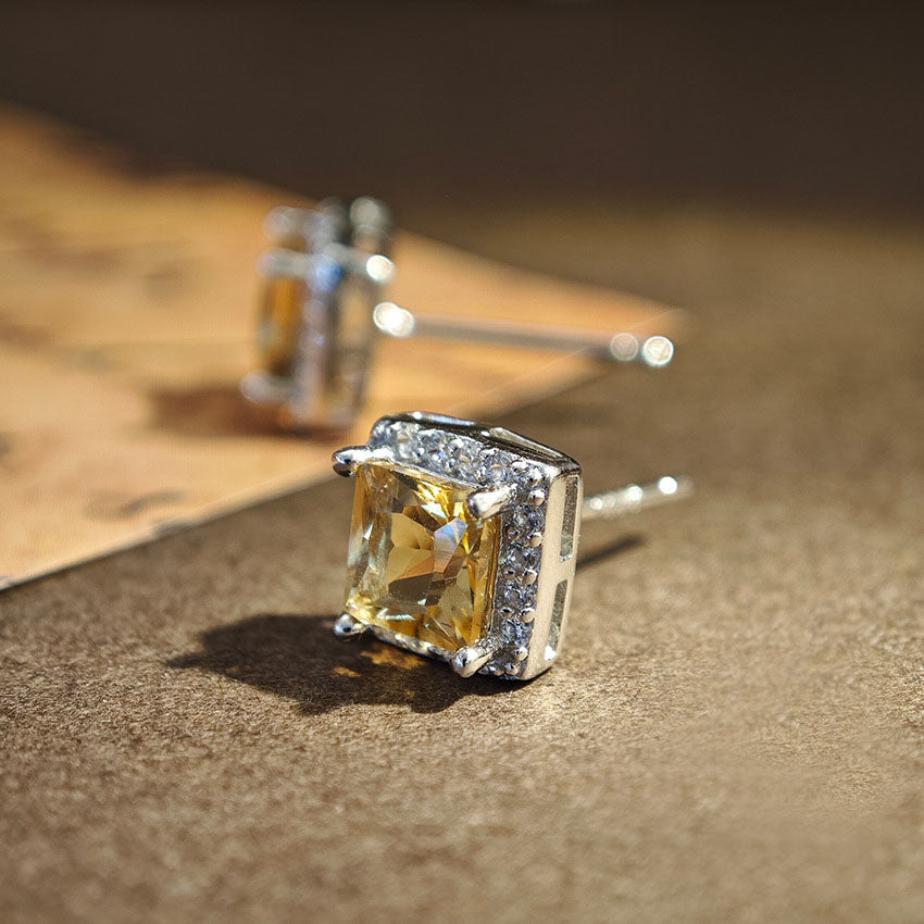S925 Sterling Silver Jewelry Earrings Natural Citrine Gemstone Square Style Stud Earrings
