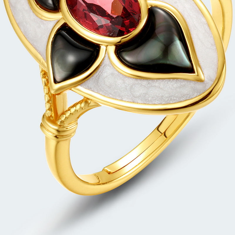 S925 Sterling Silver Jewelry Ring Natural Garnet Gemstone Black Shell Enamel Gothic Style Rings