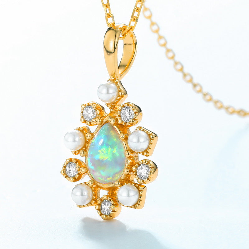 S925 Sterling Silver Jewelry Charms Gold Plating Opal Gemstone Choker Necklace Pendant