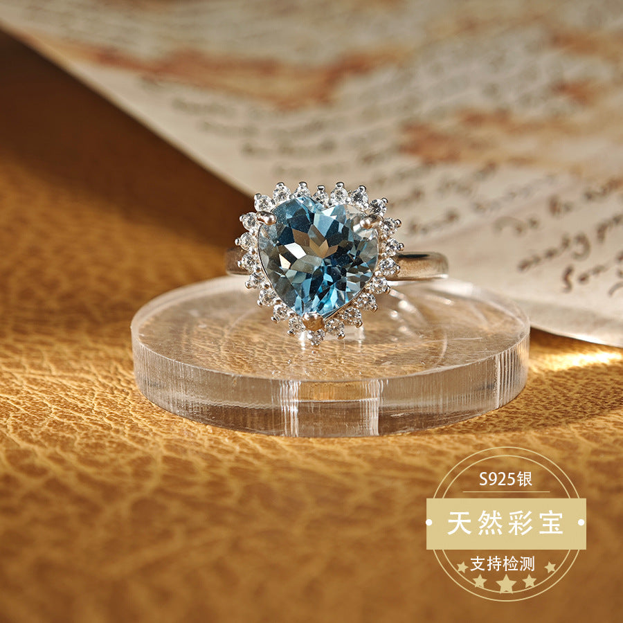 S925 Sterling Silver Jewelry Ring Natural Swiss Blue Topaz Gemstone Heart Style Luxury Rings