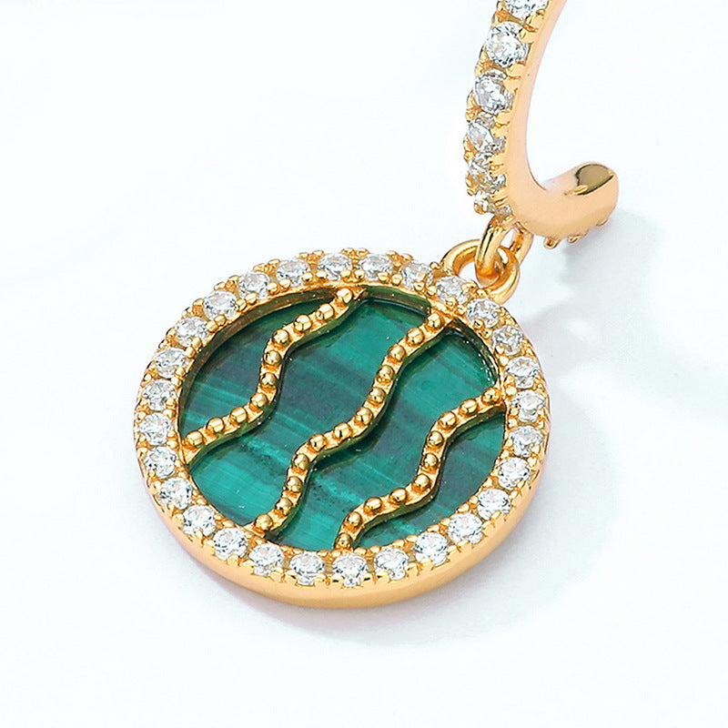 S925 Sterling Silver Jewelry Earrings Natural Malachite Gemstone Round Style Drop Earrings