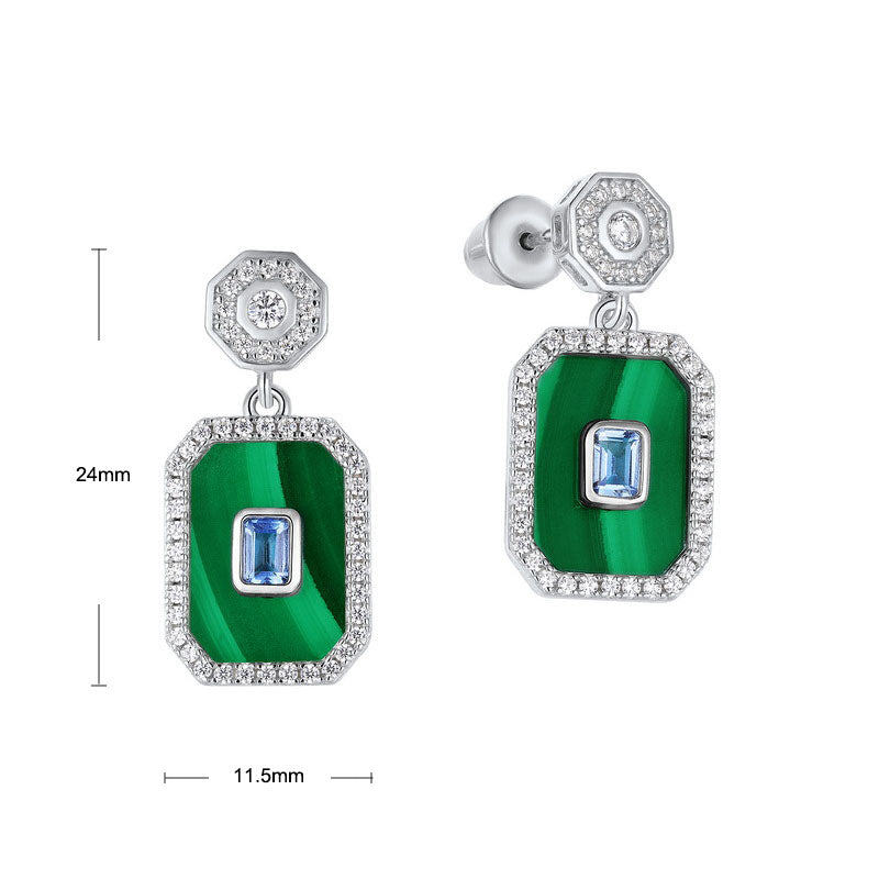 S925 Sterling Silver Jewelry Earrings Natural Malachite Gemstone Geometric Style Drop Earrings