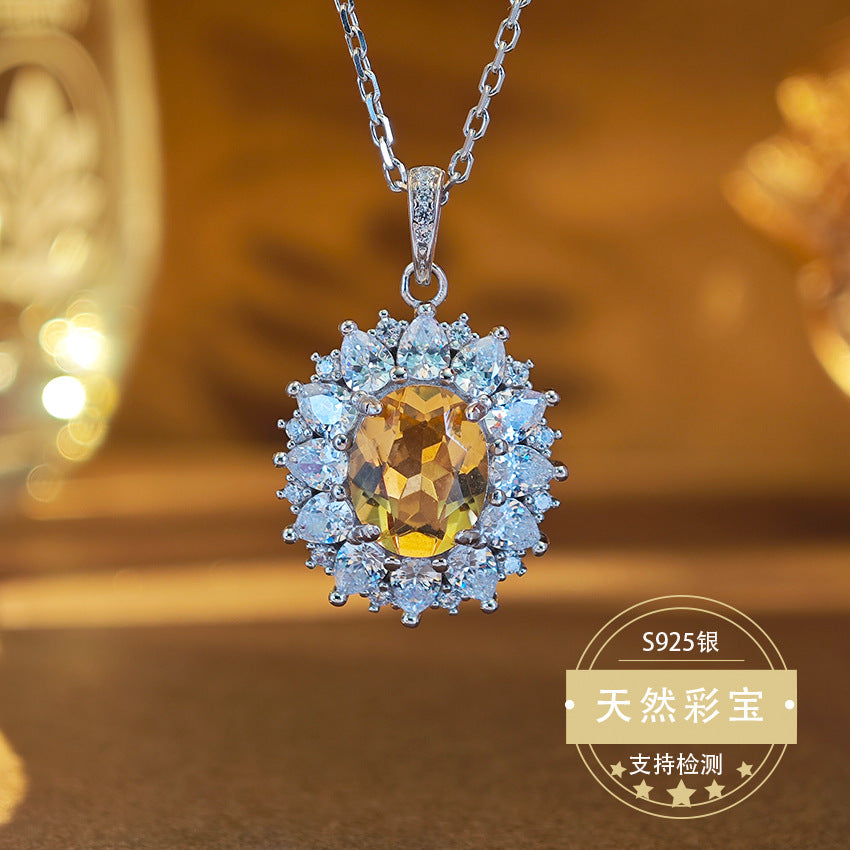 Natural Citrine Gemstone Fine Jewelry 925 Sterling Silver Light Luxury Charms Necklace