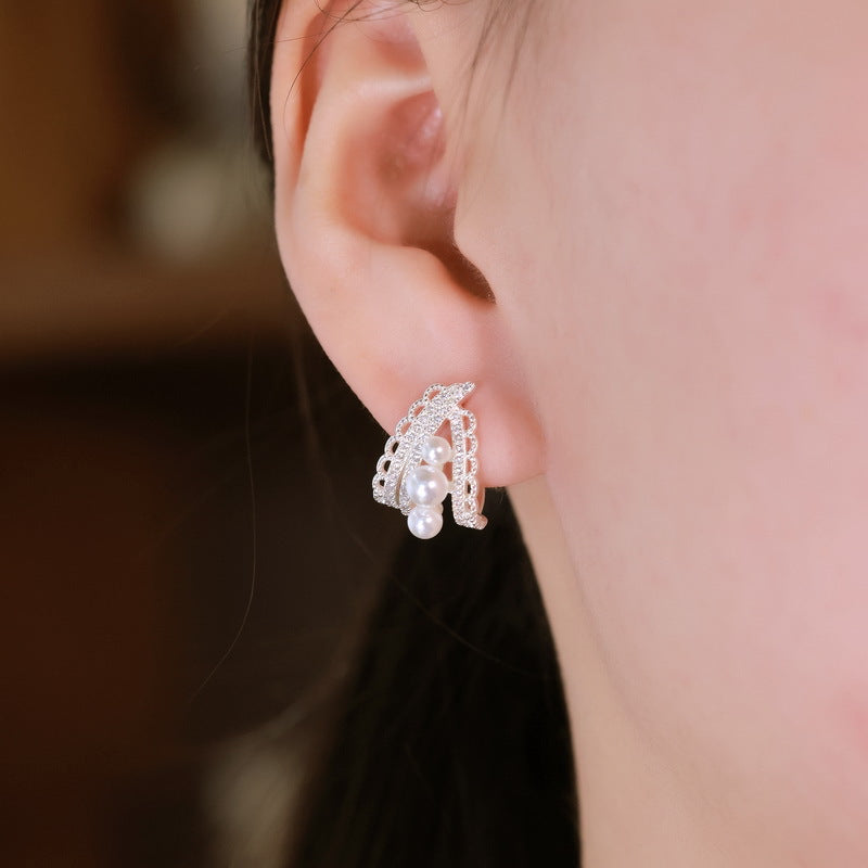 S925 Sterling Silver Jewelry Earrings Shell Pearl Lace Hollow Out Crafts Luxury Earrings